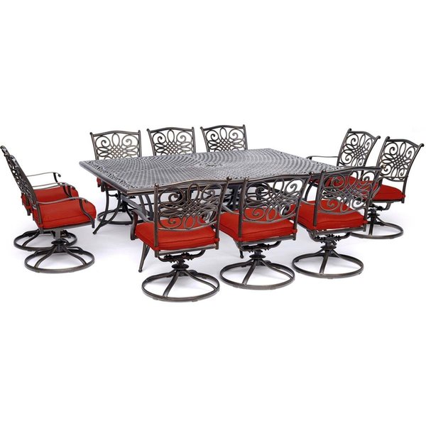 Hanover Hanover TRADDN11PCSW10-RED Traditions Dining Set with Ten Swivel Rockers & an Extra-Long Table; Red - 11 Piece TRADDN11PCSW10-RED